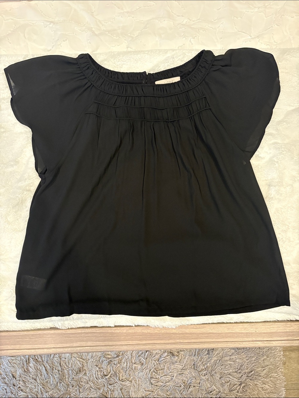 LOFT Black Short Sleeve Pleated Yoke Blouse L